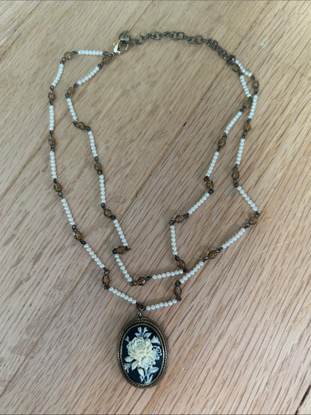 Carolee White Pearl and Amber Bead Cameo Pendant Necklace